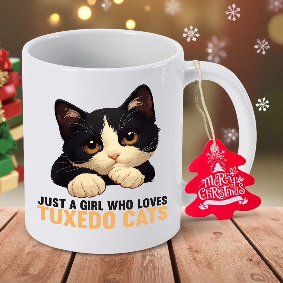 Tailorly White Ceramic 11 oz Mug - Just A Girl Who Loves Tuxedo Cats Adorable Black And White Feline Resting Paws On Flat Surface Cat
