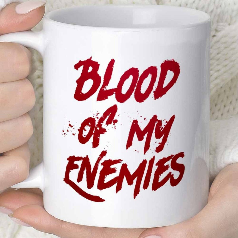 Tailorly White Ceramic 11 oz Mug - Blood Of My Enemies Distressed Bold Red Splatter Style Font On Smooth Surface Mug