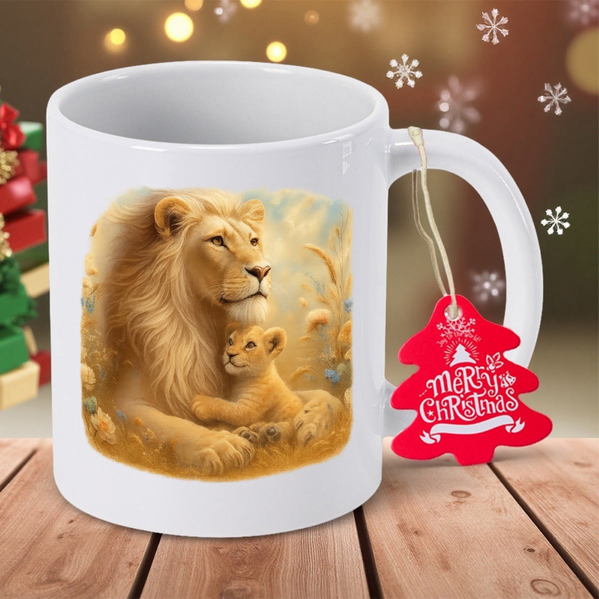 Tailorly White Ceramic 11 oz Mug - Merry Christmas Majestic Golden Lion And Cub Resting Together Within A Sunlit Wilderness Lion