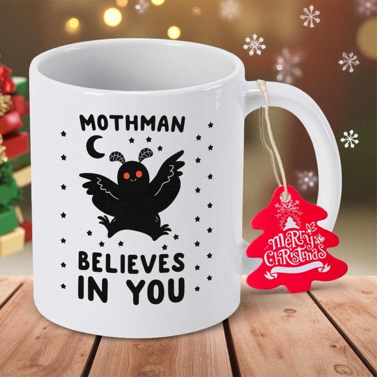 Tailorly White Ceramic 11 oz Mug - Mothman Believes In You Mysterious Winged Creature With Glowing Red Eyes Under Crescent Moon Mothman
