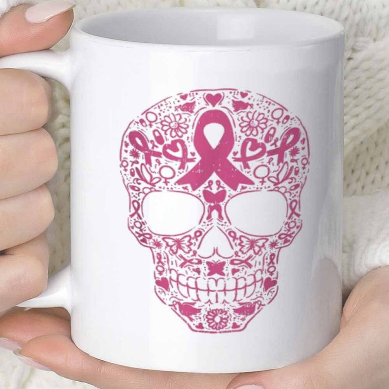 Tailorly White Ceramic 11 oz Mug - Intricate Pink Ribbons And Floral Patterns Creating A Detailed Symbol Skull
