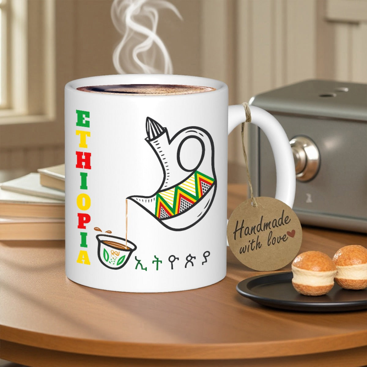 Tailorly White Ceramic 11 oz Mug - Ethiopia Traditional African Clay Pot Pouring Fresh Coffee Into Small Ceramic Cup Jebena