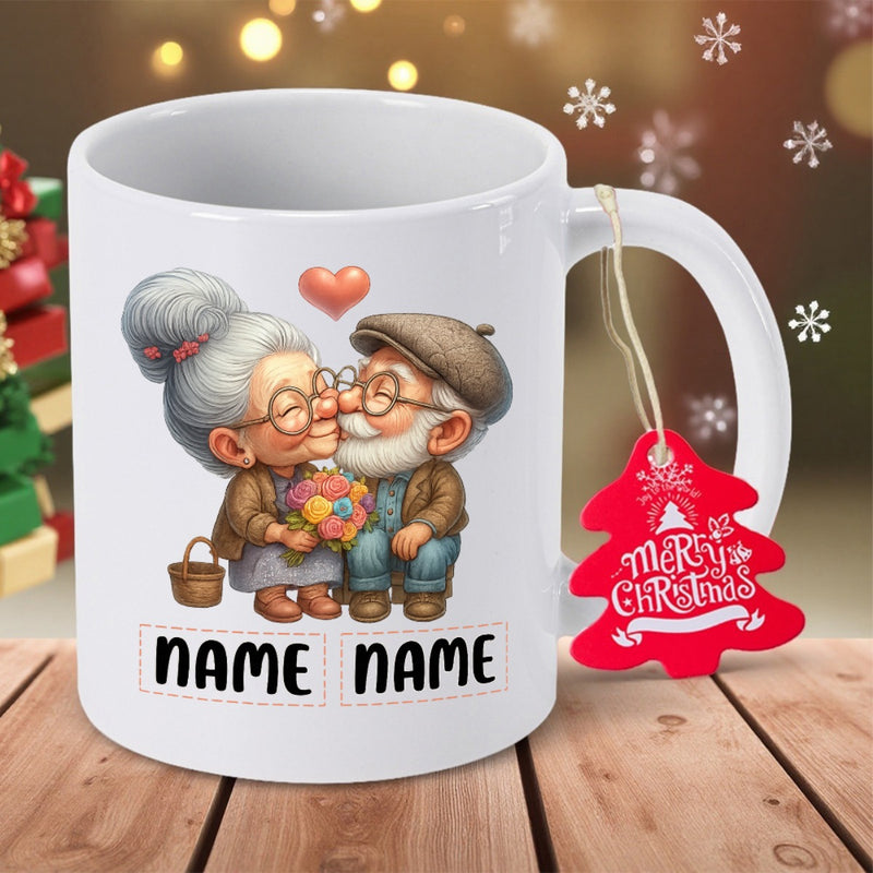 Tailorly White Ceramic 11 oz Mug - Merry Christmas Name Name Adorable Elderly Couple Sharing A Loving Kiss With Flowers Couple