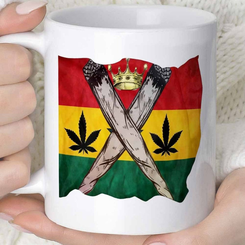 Tailorly White Ceramic 11 oz Mug - Vibrant Rastafarian Colors Featuring Crossed Joints And Golden Crown Flag