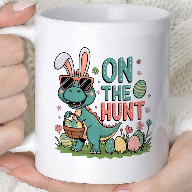Tailorly White Ceramic 11 oz Mug - On The Hunt Adorable Wearing Bunny Ears And Sunglasses Searching For Easter Eggs Dinosaur