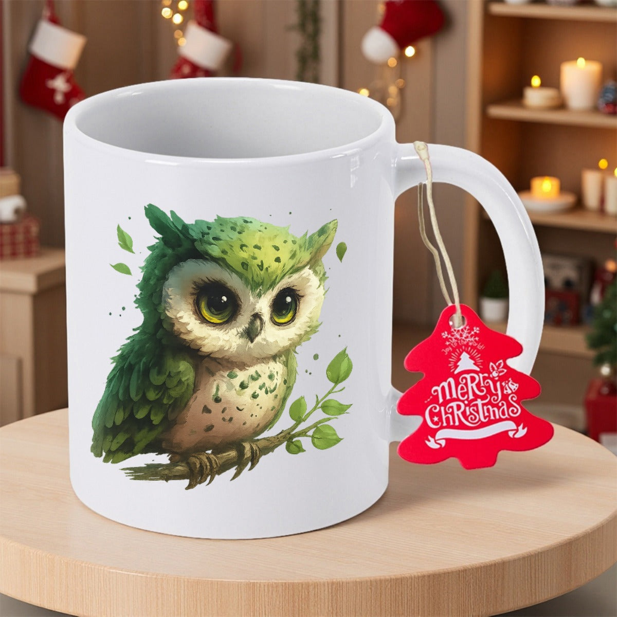 Tailorly White Ceramic 11 oz Mug - Merry Christmas Charming Forest Bird Perched On A Branch Among Lush Green Leaves Owl