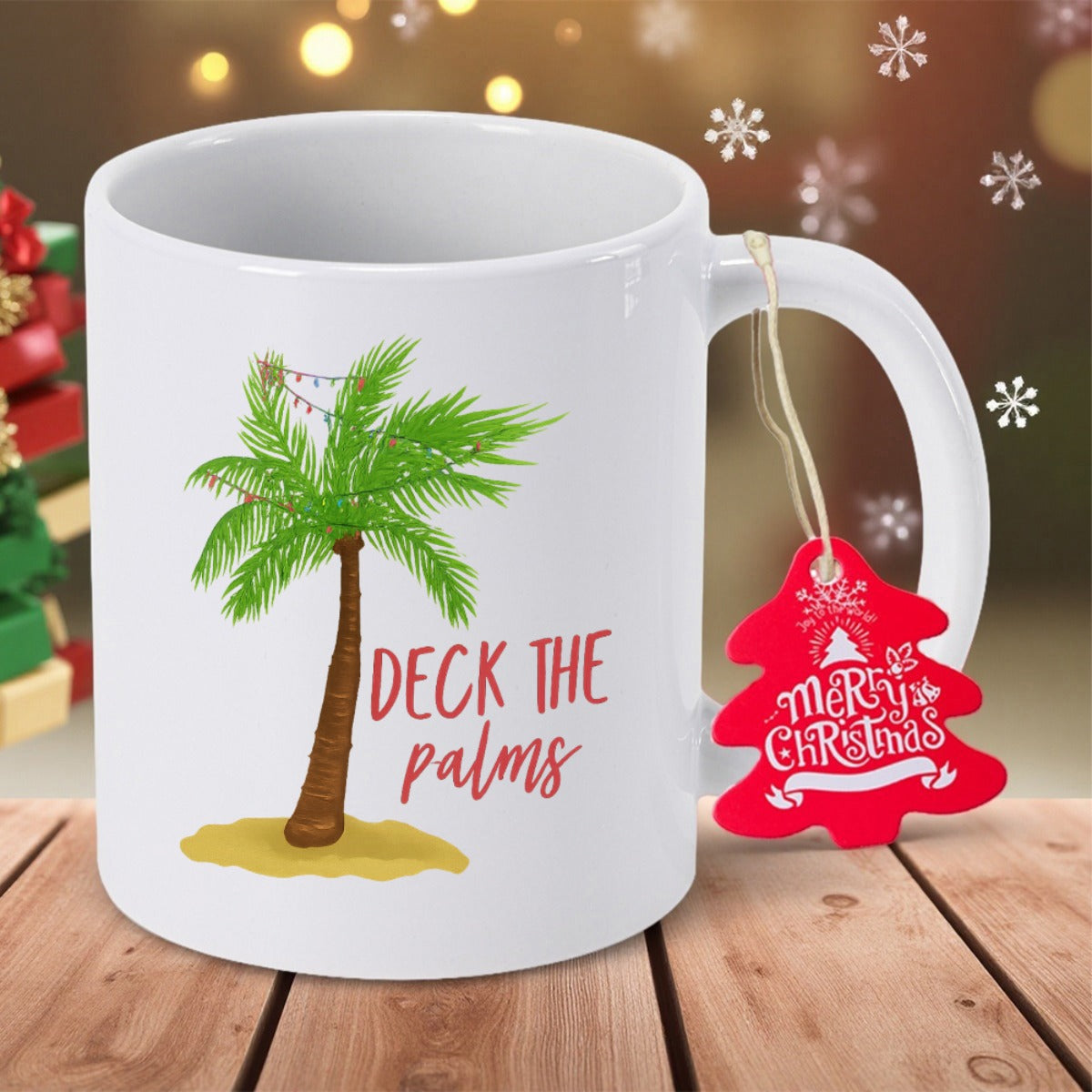 Tailorly White Ceramic 11 oz Mug - Deck The Palms Tropical Holiday Festive String Lights Adorning Slender Coastal Palm