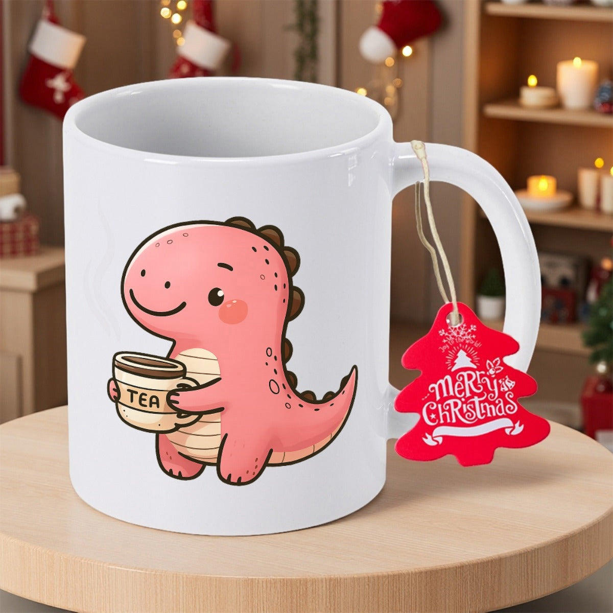 Tailorly White Ceramic 11 oz Mug - Tea Merry Christmas Adorable Little Pink Dinosaur Enjoying Hot Tea During Winter Holidays Dinosaur