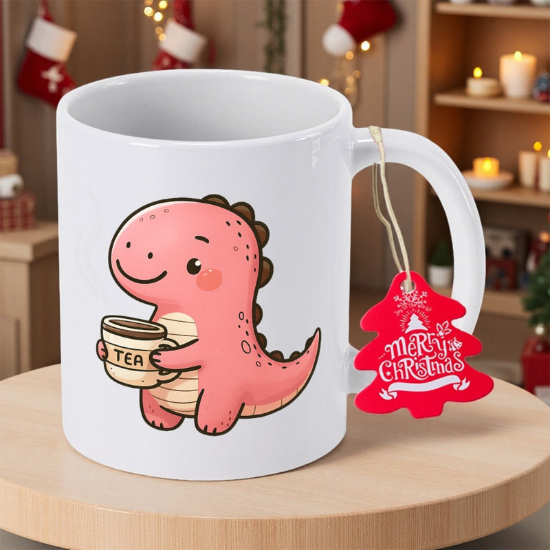 Tailorly White Ceramic 11 oz Mug - Tea Merry Christmas Adorable Little Pink Dinosaur Enjoying Hot Tea During Winter Holidays Dinosaur