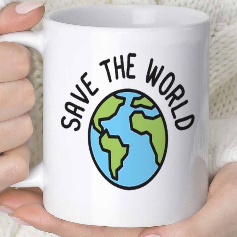 Tailorly White Ceramic 11 oz Mug - Save The World Simple Hand Drawn Earth With Green Continents And Blue Oceans Globe