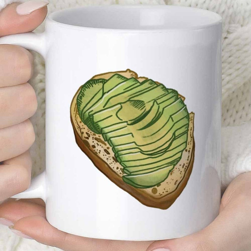 Tailorly White Ceramic 11 oz Mug - Freshly Sliced Green Avocado Layered Over Golden Brown Crispy Sourdough Toast