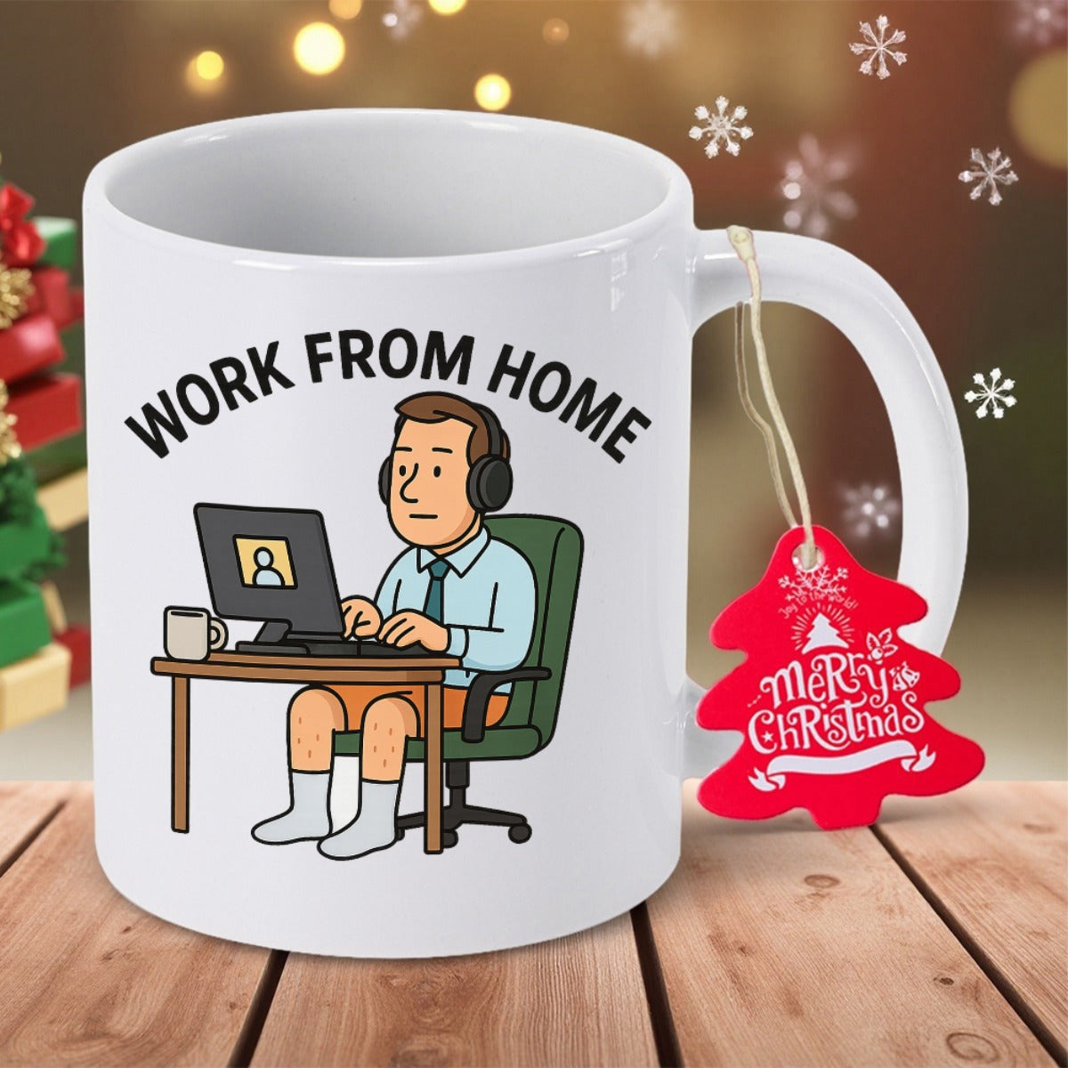 Tailorly White Ceramic 11 oz Mug - Work From Home Cartoon Male Character Sitting At Desk With Laptop Wearing Professional Headset Man