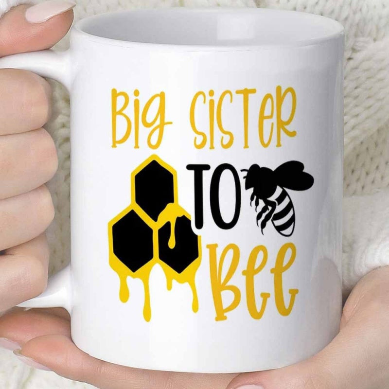 Tailorly White Ceramic 11 oz Mug - Big Sister To Bee Vibrant Yellow Honeycombs With Dripping Nectar And A Flying Bumble Bee