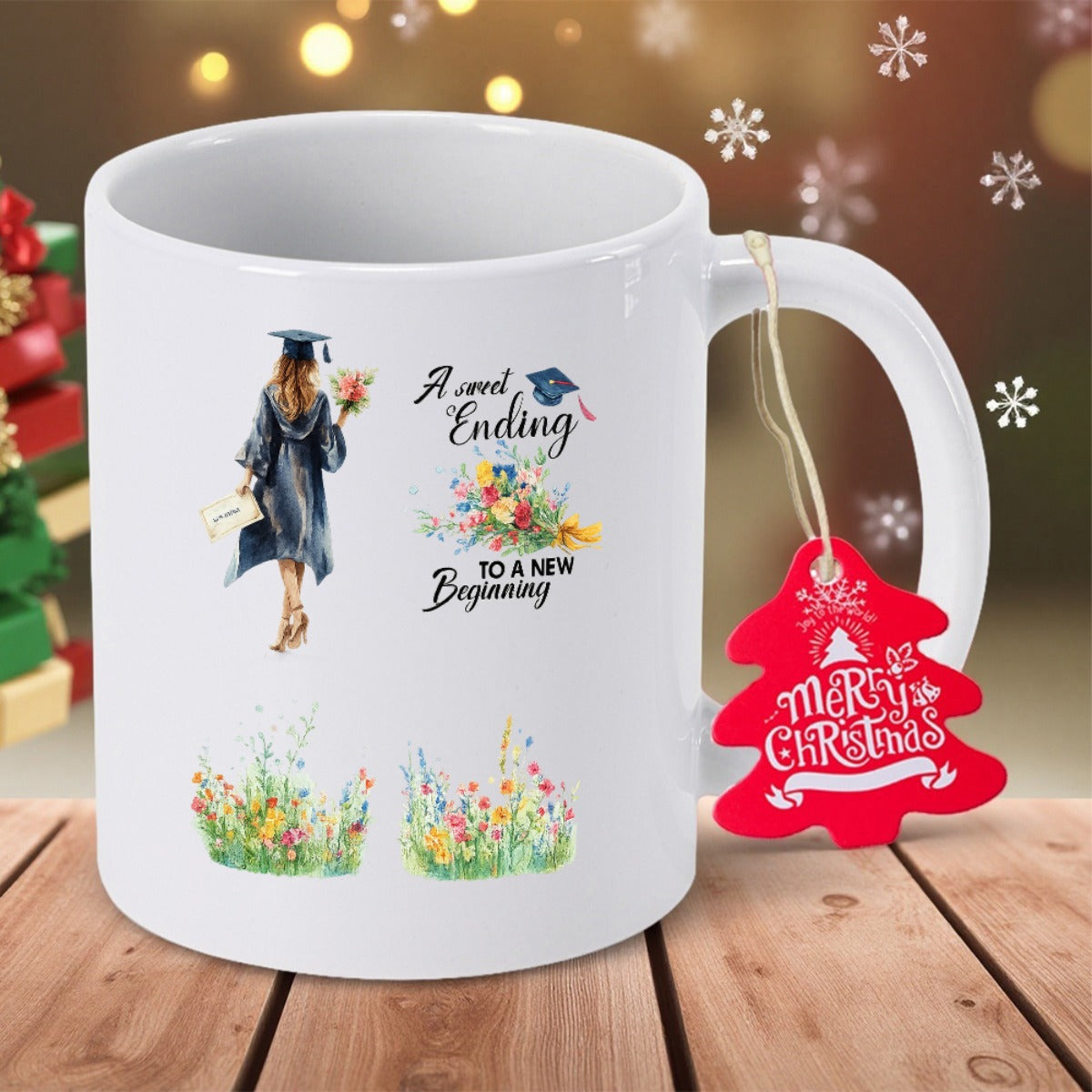 Tailorly White Ceramic 11 oz Mug - A Sweet Ending To A New Beginning Beautiful Watercolor Girl Wearing Graduation Gown Among Blooming Wildflowers Graduate