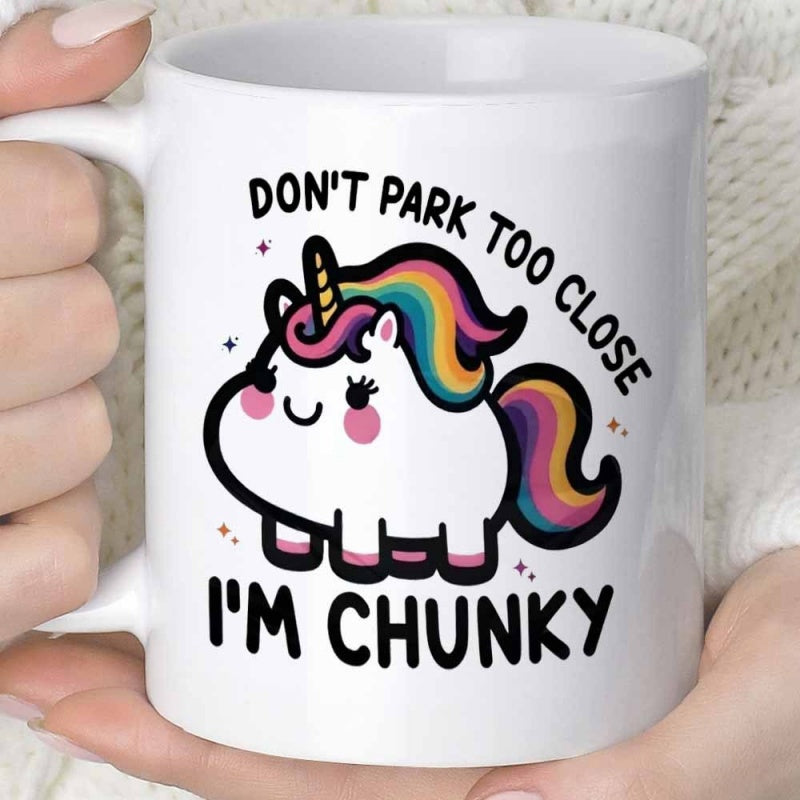 Tailorly White Ceramic 11 oz Mug - Don't Park Too Close I'm Chunky Adorable Round Body With Colorful Rainbow Mane And Tiny Twinkling Stars Unicorn