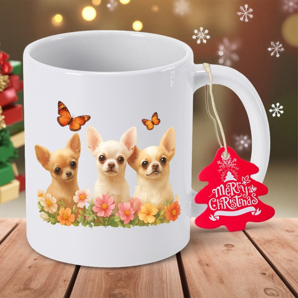 Tailorly White Ceramic 11 oz Mug - Merry Christmas Three Adorable Puppies Surrounded By Colorful Spring Flowers And Flying Butterflies Chihuahua
