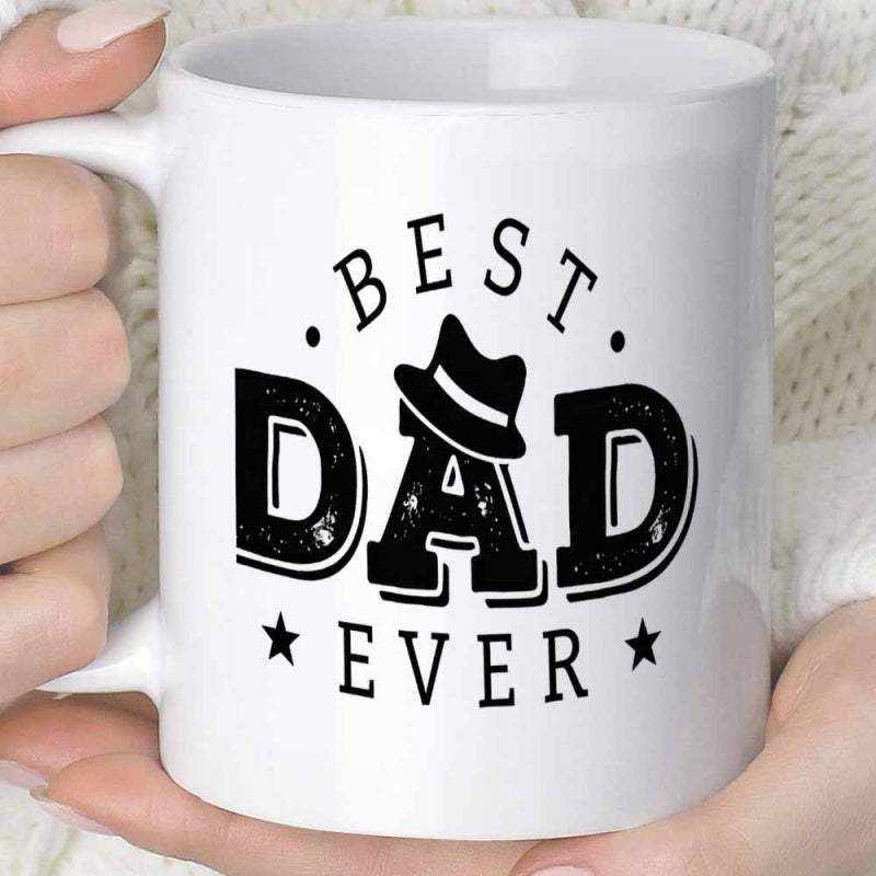 Tailorly White Ceramic 11 oz Mug - Best Dad Ever Stylish Fedora Hat Among Bold Black Letters And Stars Mug