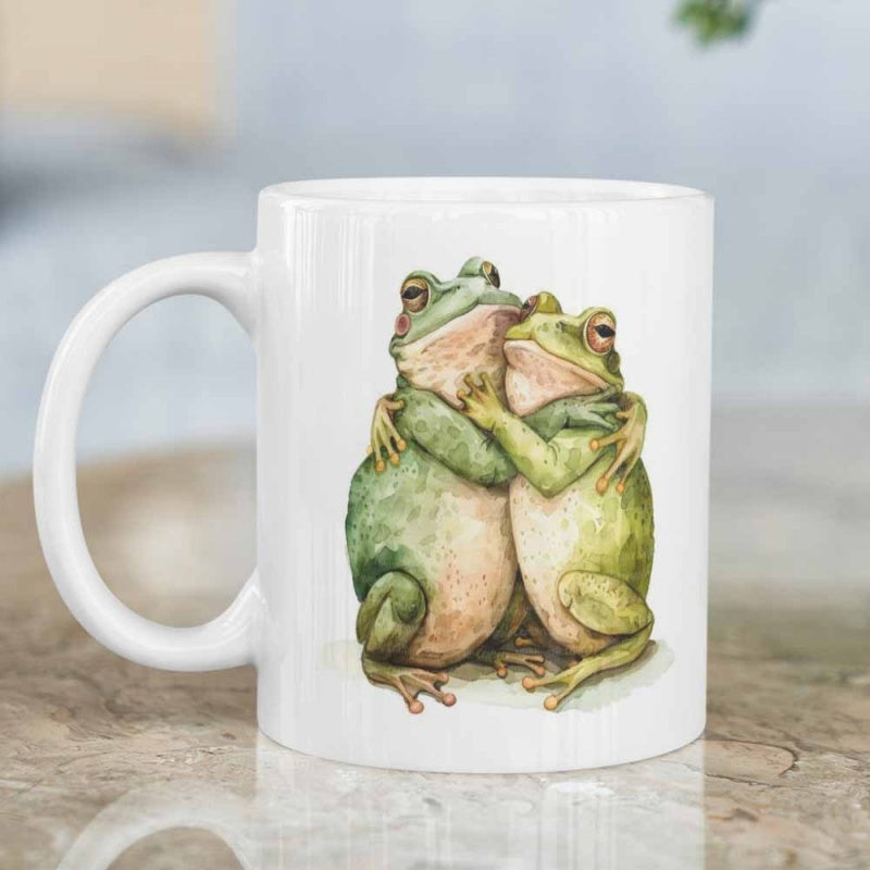 Tailorly White Ceramic 11 oz Mug - Whimsical Watercolor Scene Featuring Two Green Frogs Embracing In Gentle Affection Frog