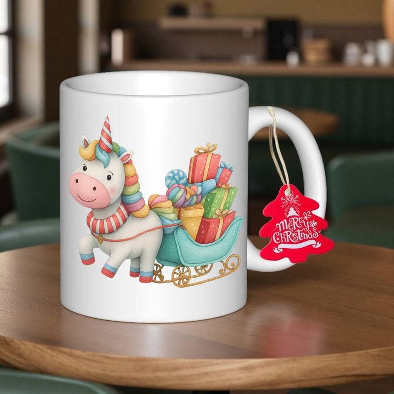 Tailorly White Ceramic 11 oz Mug - Cute Adorable Cartoon Character Pulling Festive Sleigh Filled With Colorful Gifts Unicorn