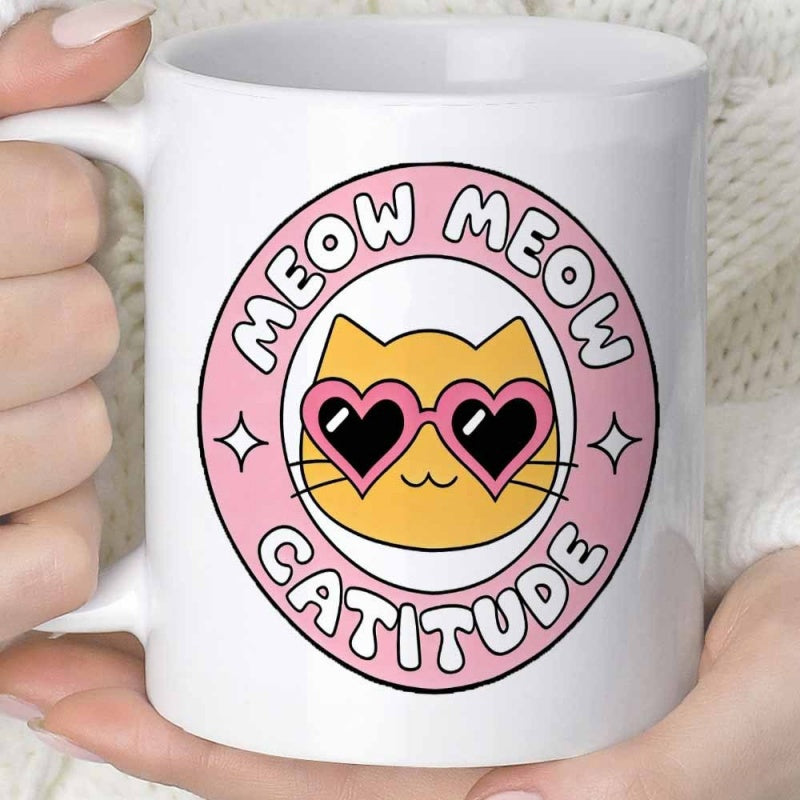 Tailorly White Ceramic 11 oz Mug - Meow Meow Catitude Adorable Yellow Cartoon Cat Wearing Heart Shaped Sunglasses Within A Pink Badge Cat