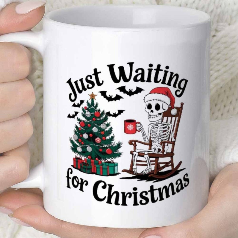 Tailorly White Ceramic 11 oz Mug - Just Waiting For Christmas Festive Skeleton Sitting In Rocking Chair Beside Decorated Pine Tree Skeleton