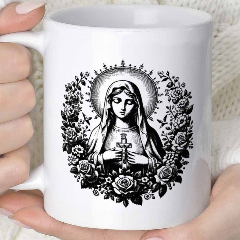 Tailorly White Ceramic 11 oz Mug - Sacred Religious Figure Surrounded By Rose Wreath Under Glowing Holy Halo Madonna