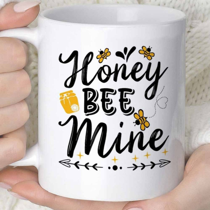 Tailorly White Ceramic 11 oz Mug - Honey Bee Mine Flying Golden Bumblebees Surrounding Sweet Honey Jar With Decorative Arrows Bee