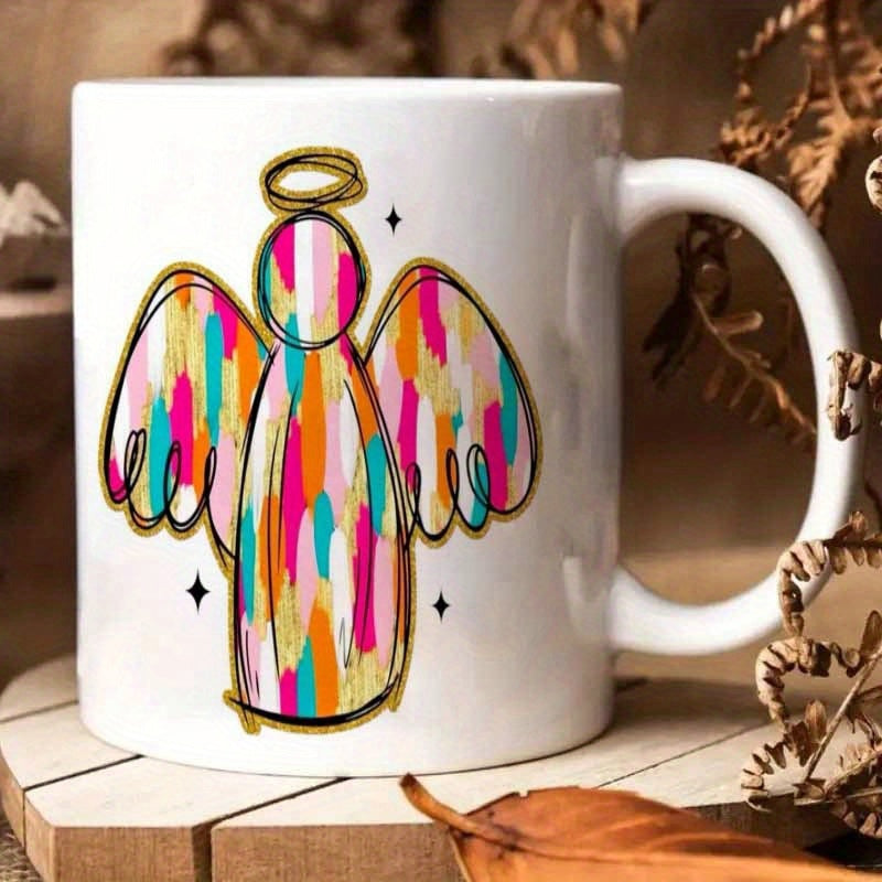 Tailorly White Ceramic 11 oz Mug - Vibrant Hand Painted Brushstrokes In Silhouette Of Heavenly Wings Angel