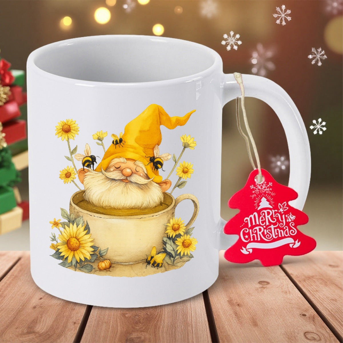 Tailorly White Ceramic 11 oz Mug - Merry Christmas Whimsical Character Resting Inside Teacup Among Sunflowers And Tiny Bees Gnome