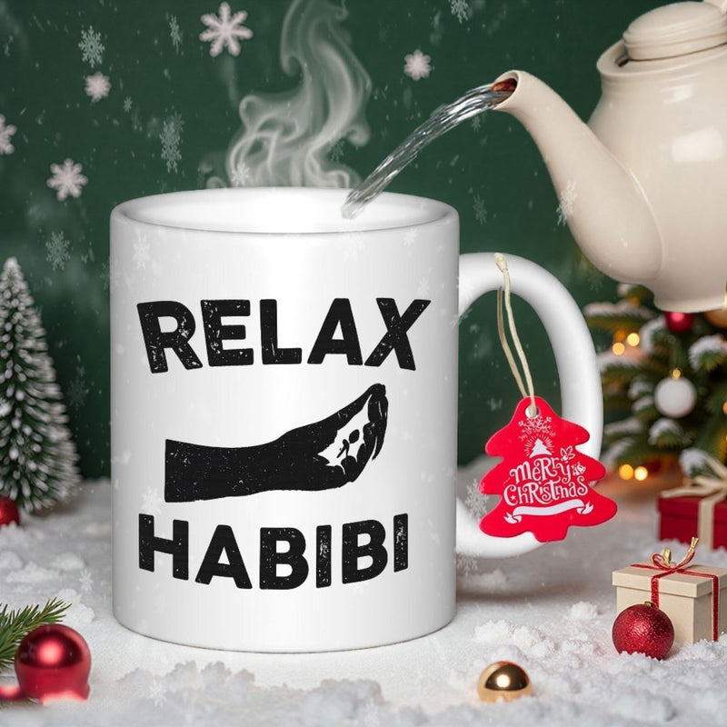 Tailorly White Ceramic 11 oz Mug - Relax Habibi Bold Distressed Style Minimalist Cultural Pinching Gesture Silhouette Hand