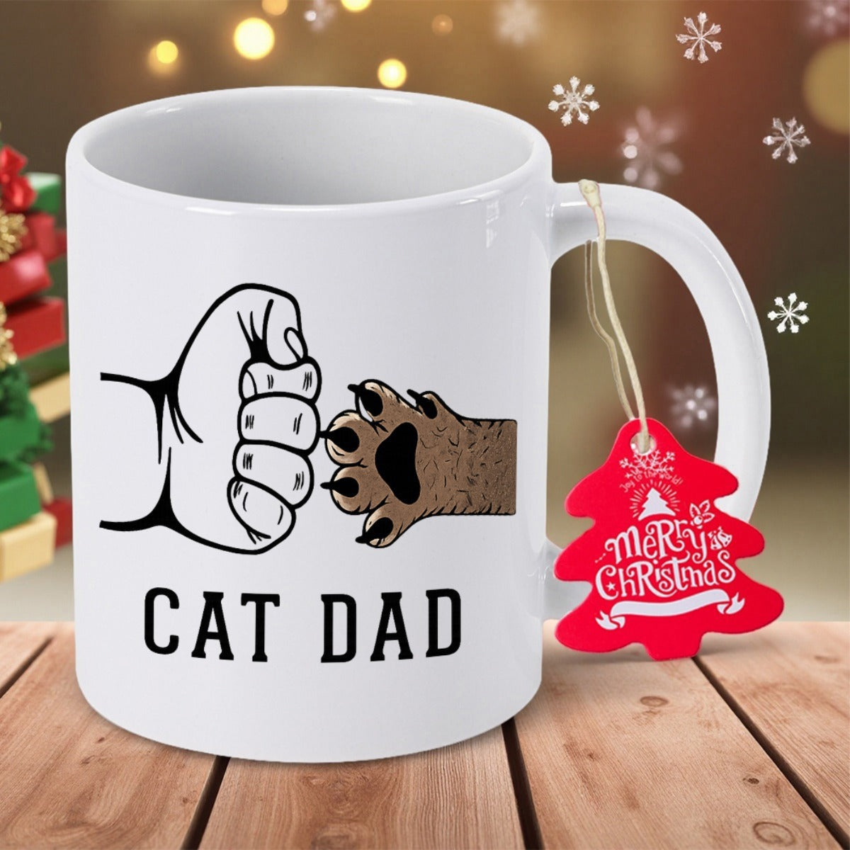 Tailorly White Ceramic 11 oz Mug - Cat Dad Human Fist Bumping A Furry Cat Paw With Friendly Gesture Mug