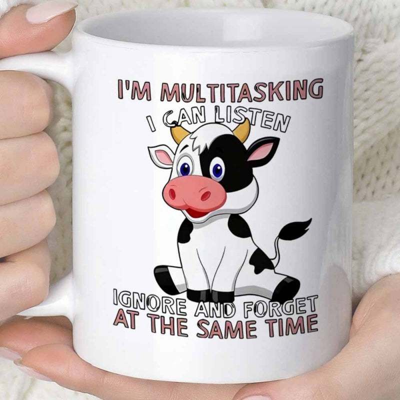 Tailorly White Ceramic 11 oz Mug - Im Multitasking I Can Listen Ignore And Forget At The Same Time Cute Sitting Black And White Spotted Calf With Tiny Yellow Horns