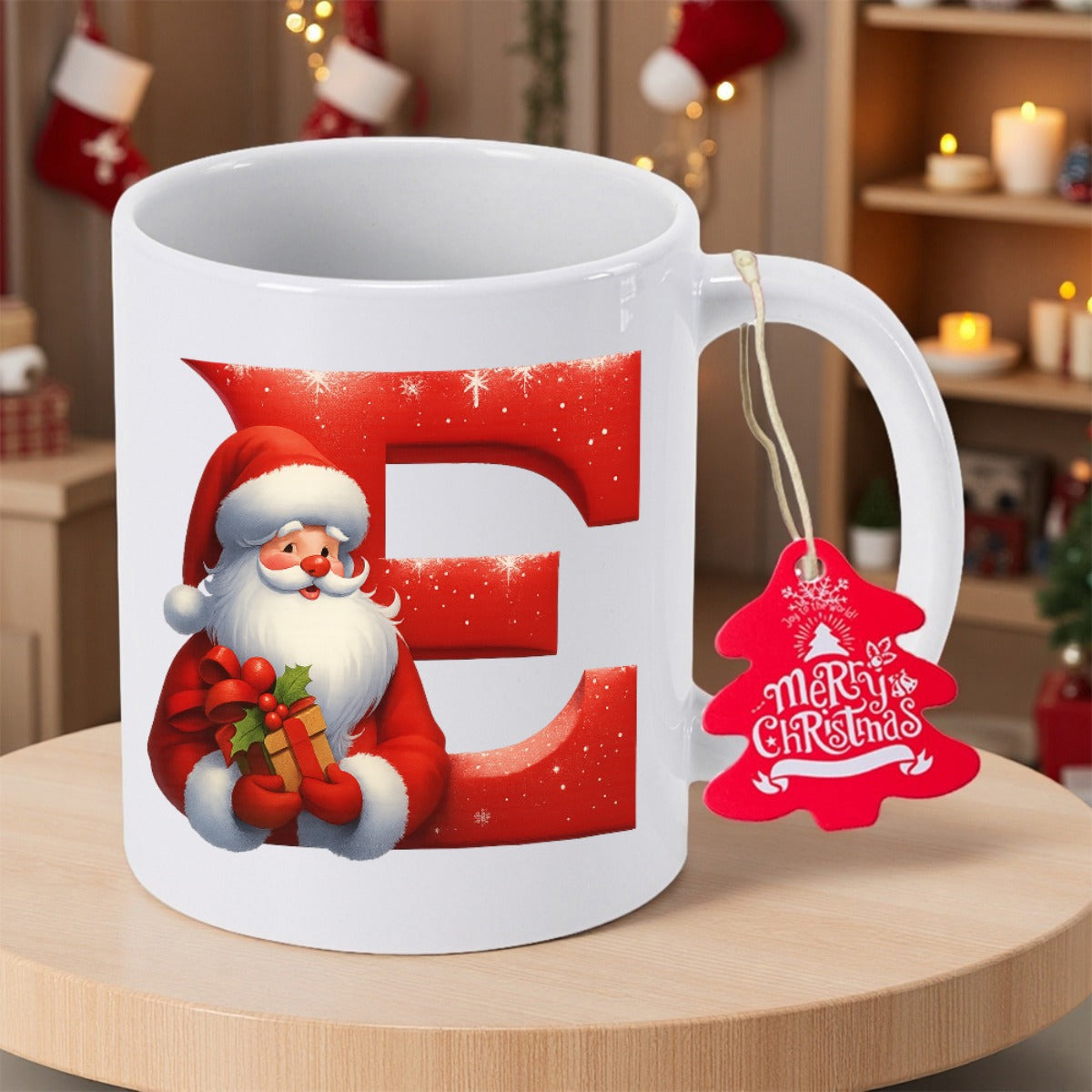 Tailorly White Ceramic 11 oz Mug - Merry Christmas Festive Santa Holding Present Before Large Sparkling Red Letter Mug