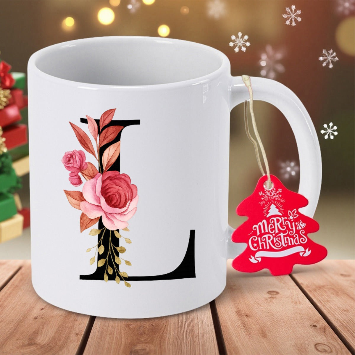 Tailorly White Ceramic 11 oz Mug - Merry Christmas Elegant Floral Initial Letter L With Pink Roses And Delicate Autumn Leaves Mug
