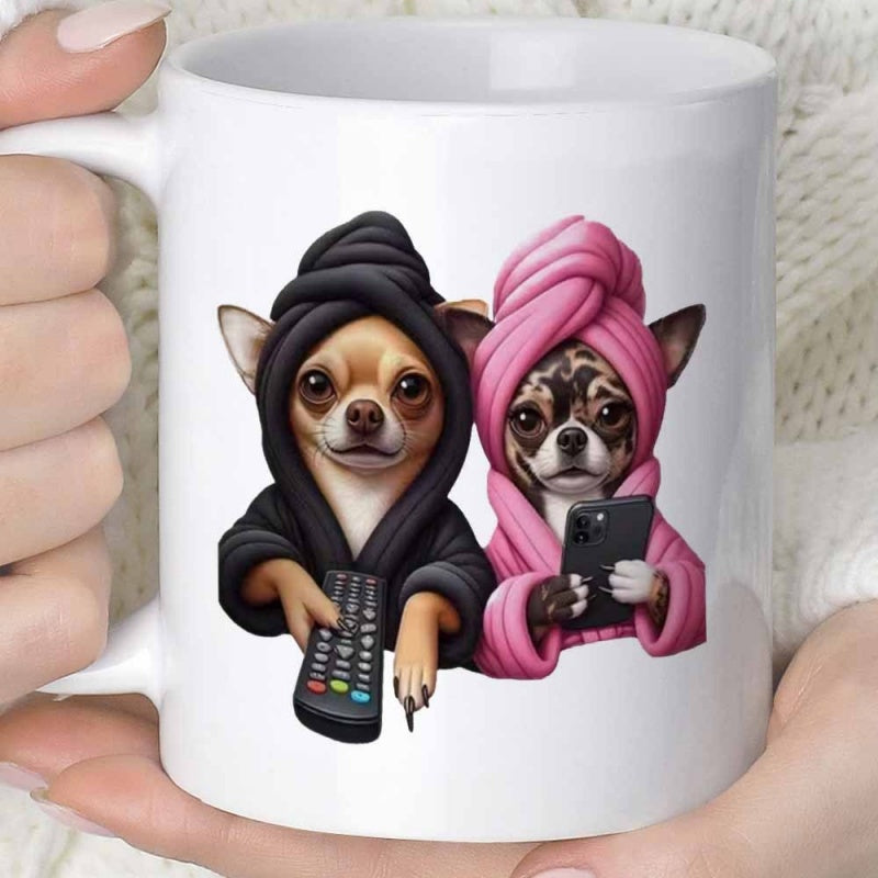 Tailorly White Ceramic 11 oz Mug - Two Adorable Dogs Wearing Soft Spa Robes Holding Electronic Devices Relaxing Chihuahuas