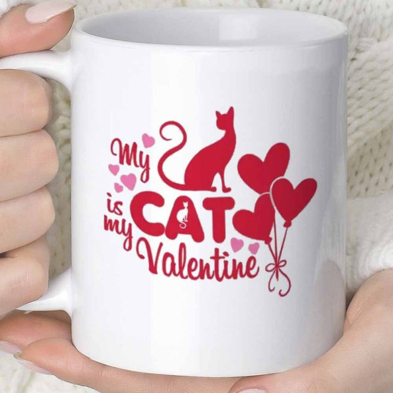 Tailorly White Ceramic 11 oz Mug - My Cat Is My Valentine Graceful Red Silhouette Beside Heart Balloons And Floating Tiny Hearts Cat