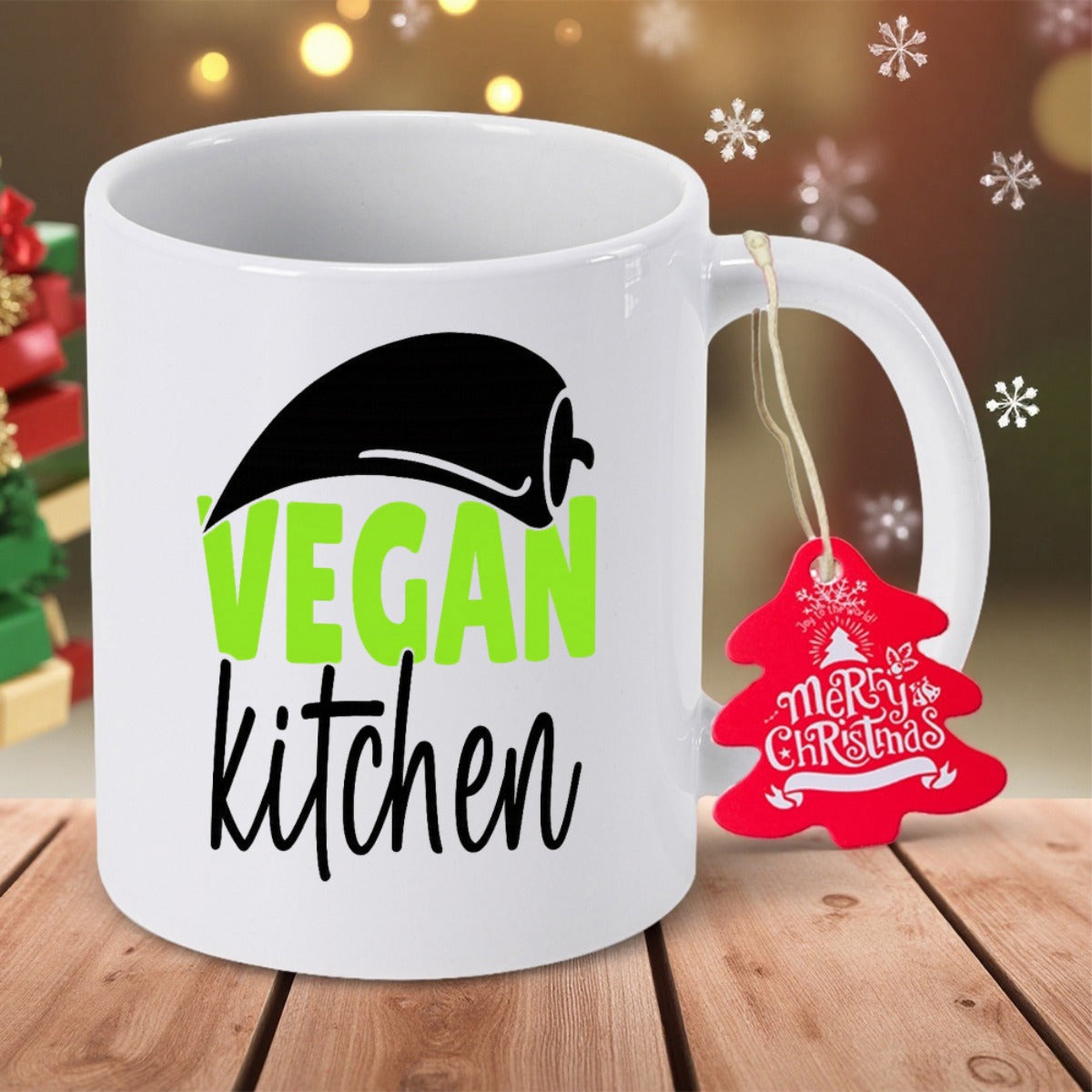 Tailorly White Ceramic 11 oz Mug - Vegan Kitchen Stylized Black Vegetable Silhouette Over Green Bold Lettering Pepper