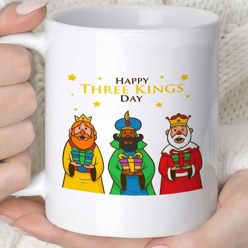 Tailorly White Ceramic 11 oz Mug - Happy Three Kings Day Three Festive Cartoon Characters Holding Colorful Gift Boxes Under Golden Twinkling Stars King