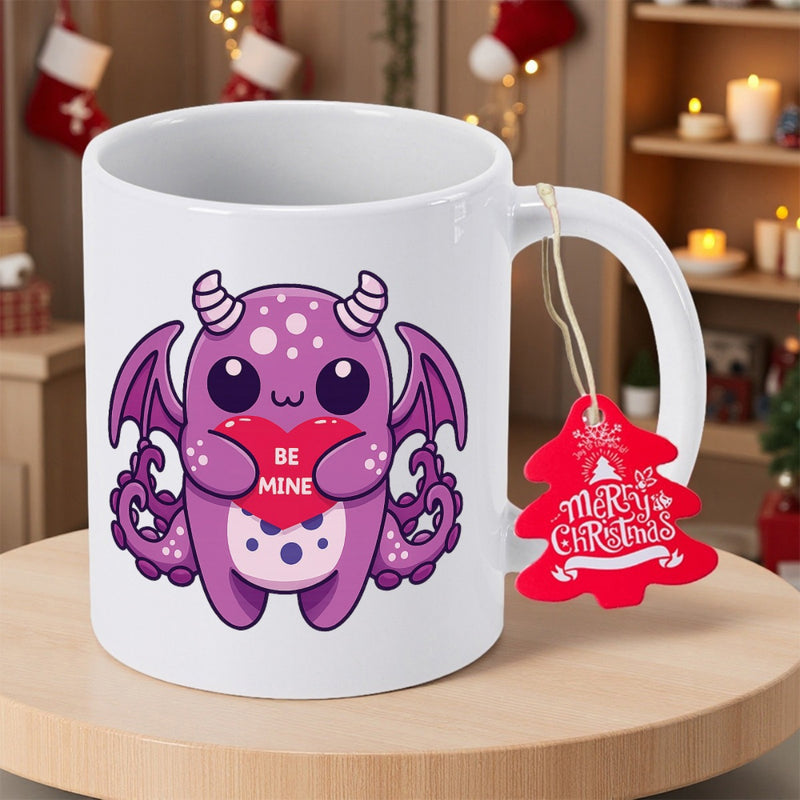 Tailorly White Ceramic 11 oz Mug - Be Mine Adorable Purple Cartoon Monster Holding A Heart With Small Wings Dragon