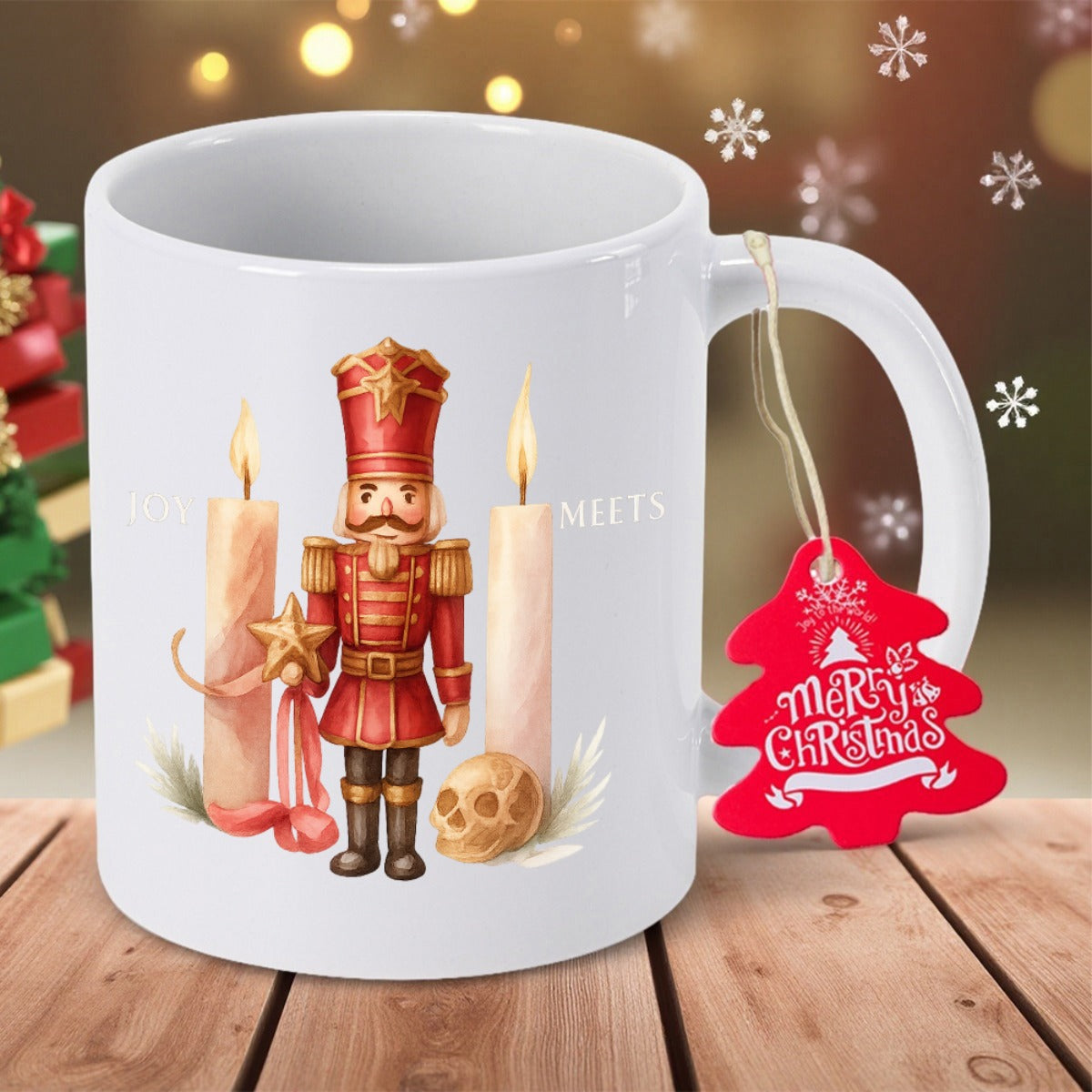 Tailorly White Ceramic 11 oz Mug - Merry Christmas Traditional Soldier Standing Between Glowing Candles Under Festive Atmosphere Nutcracker