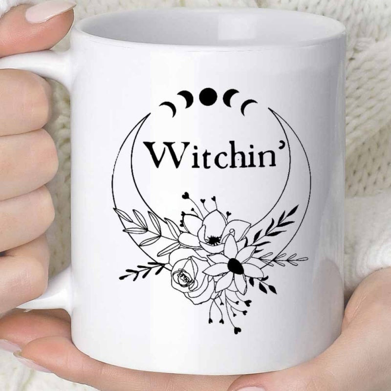 Tailorly White Ceramic 11 oz Mug - Witchin Elegant Floral Bouquet Blooming Under Celestial Phases And Crescent Moon