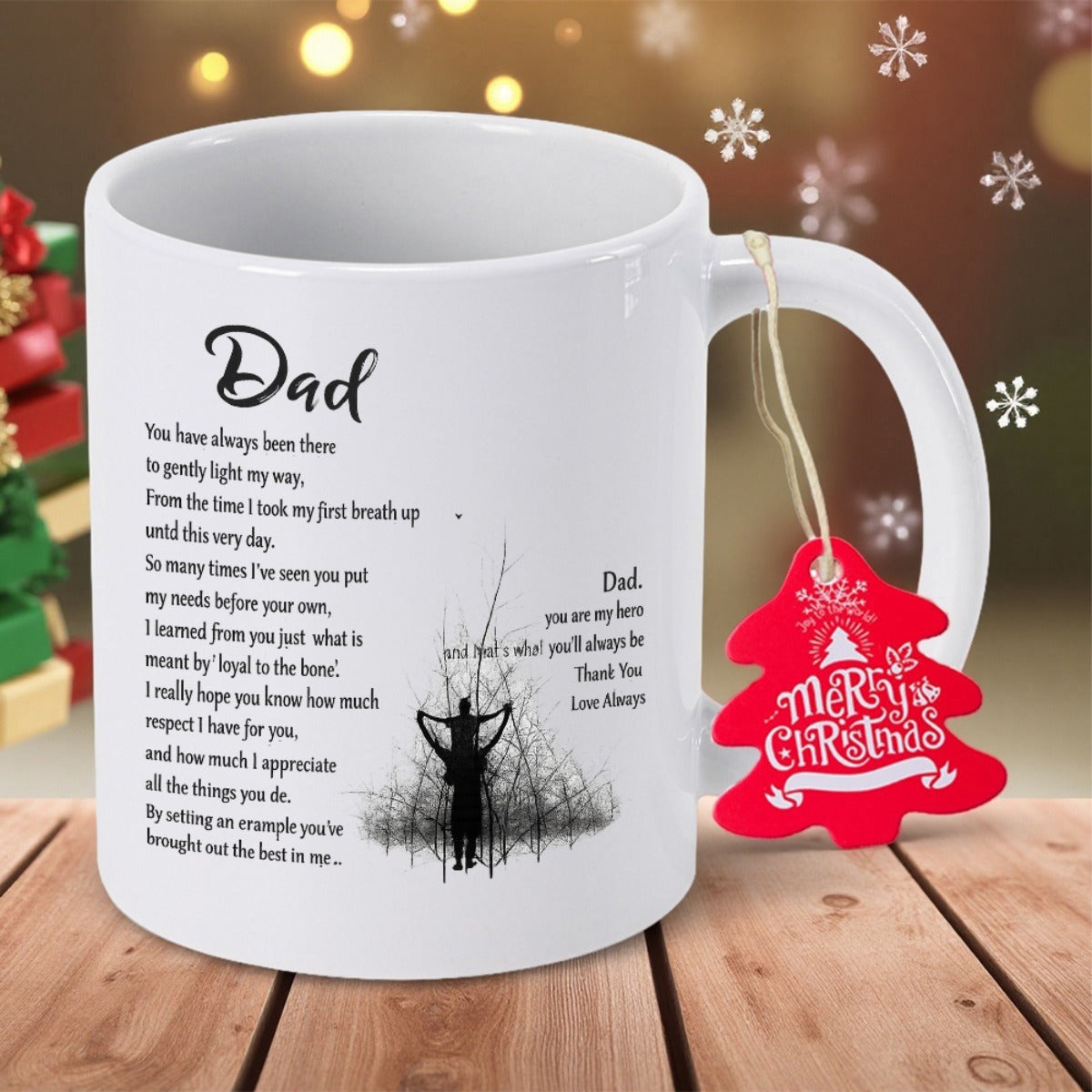 Tailorly White Ceramic 11 oz Mug - Dad Merry Christmas Sentimental Father Carrying Child Silhouette Over Grassy Field Background Mug