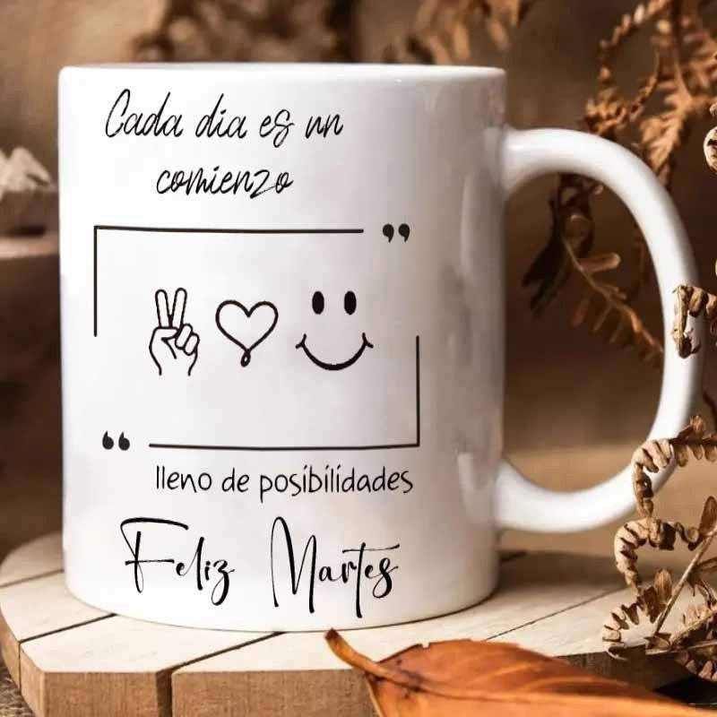 Tailorly White Ceramic 11 oz Mug - Minimalist Line Art Symbols Featuring Peace Sign And Smiling Face Heart