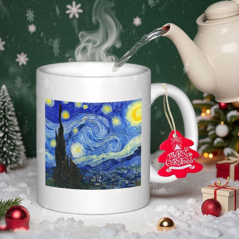 Tailorly White Ceramic 11 oz Mug - Swirling Blue Night Sky With Glowing Golden Stars And Crescent Moon Mug