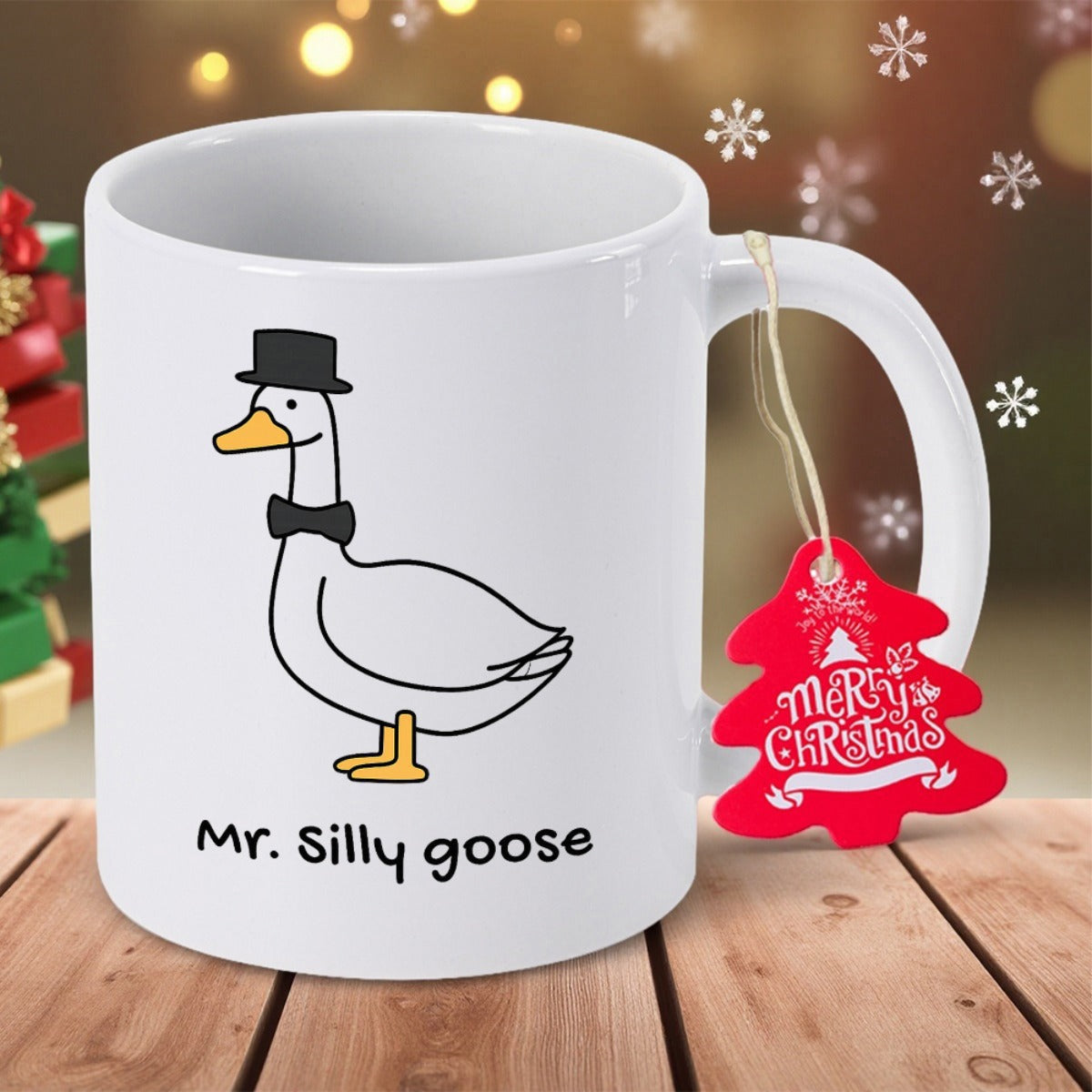 Tailorly White Ceramic 11 oz Mug - Mr Silly Goose Cartoon Style Wearing A Top Hat And Bow Tie Goose