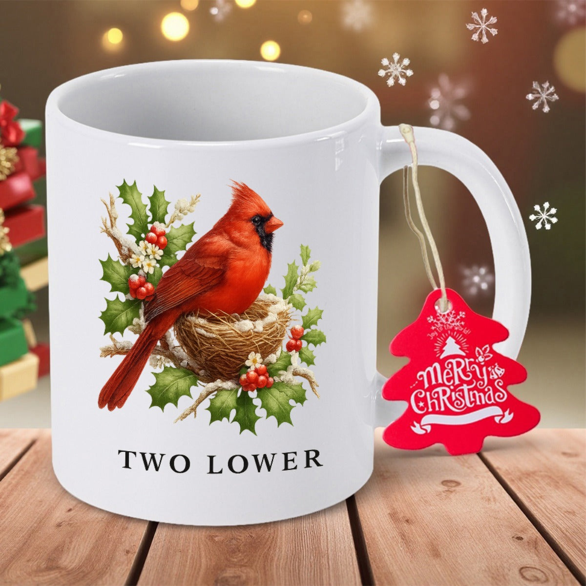 Tailorly White Ceramic 11 oz Mug - Two Lower Merry Christmas Vibrant Red Bird Nestled Among Green Holly Leaves And Winter Berries Cardinal