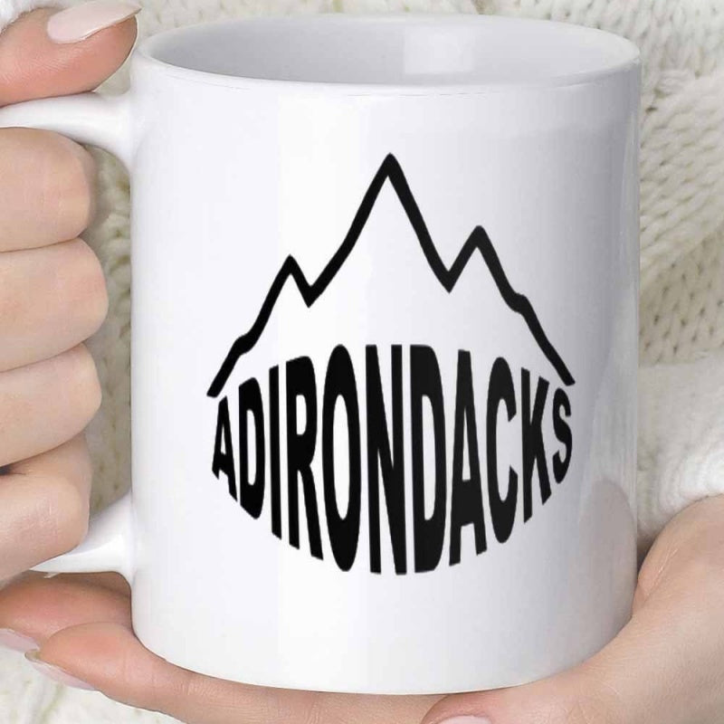 Tailorly White Ceramic 11 oz Mug - Adirondacks Minimalist Black Line Art Silhouette Of Rugged Nature Peaks Mountain