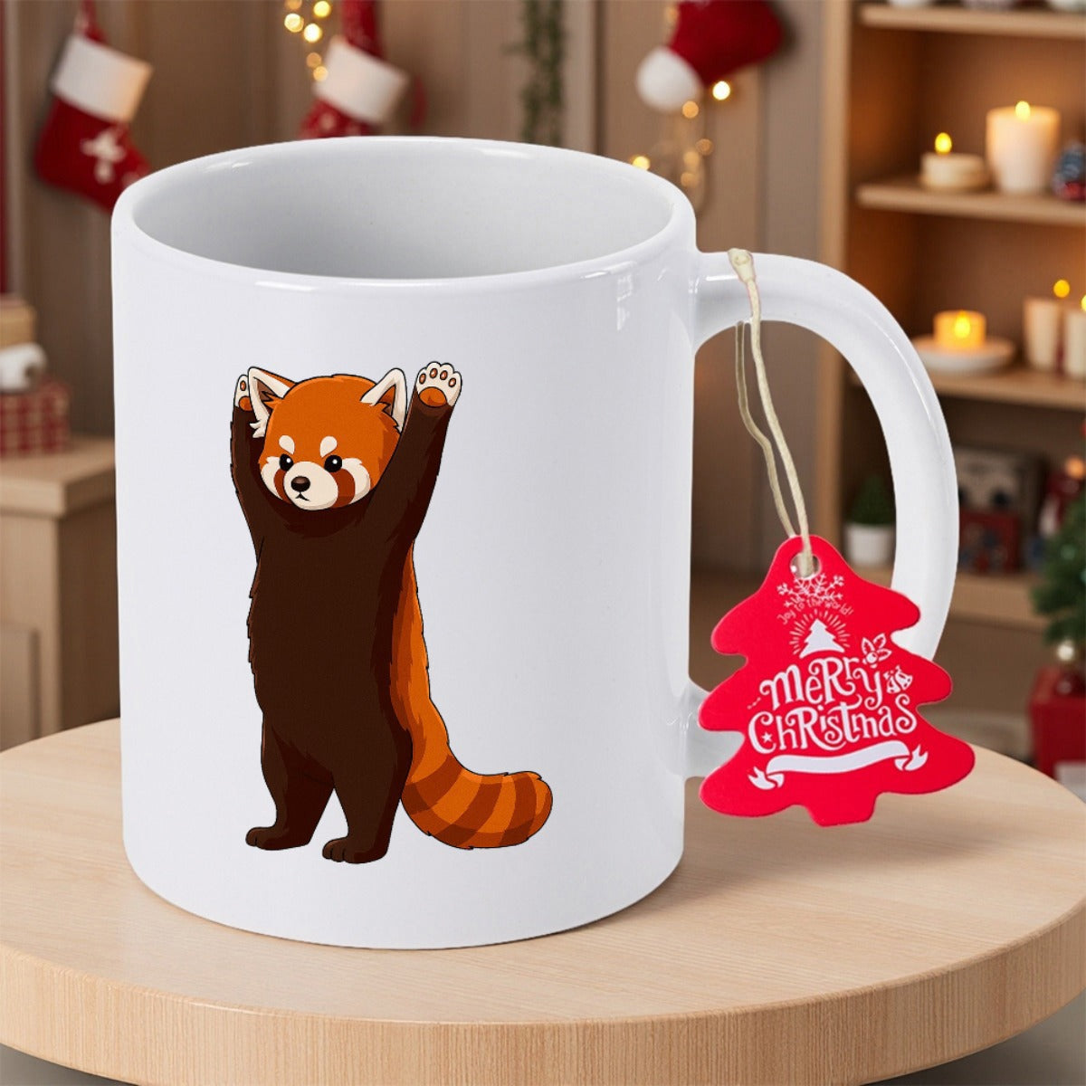 Tailorly White Ceramic 11 oz Mug - Merry Christmas Cute Cartoon Standing Animal With Arms Raised In Greeting Red Panda