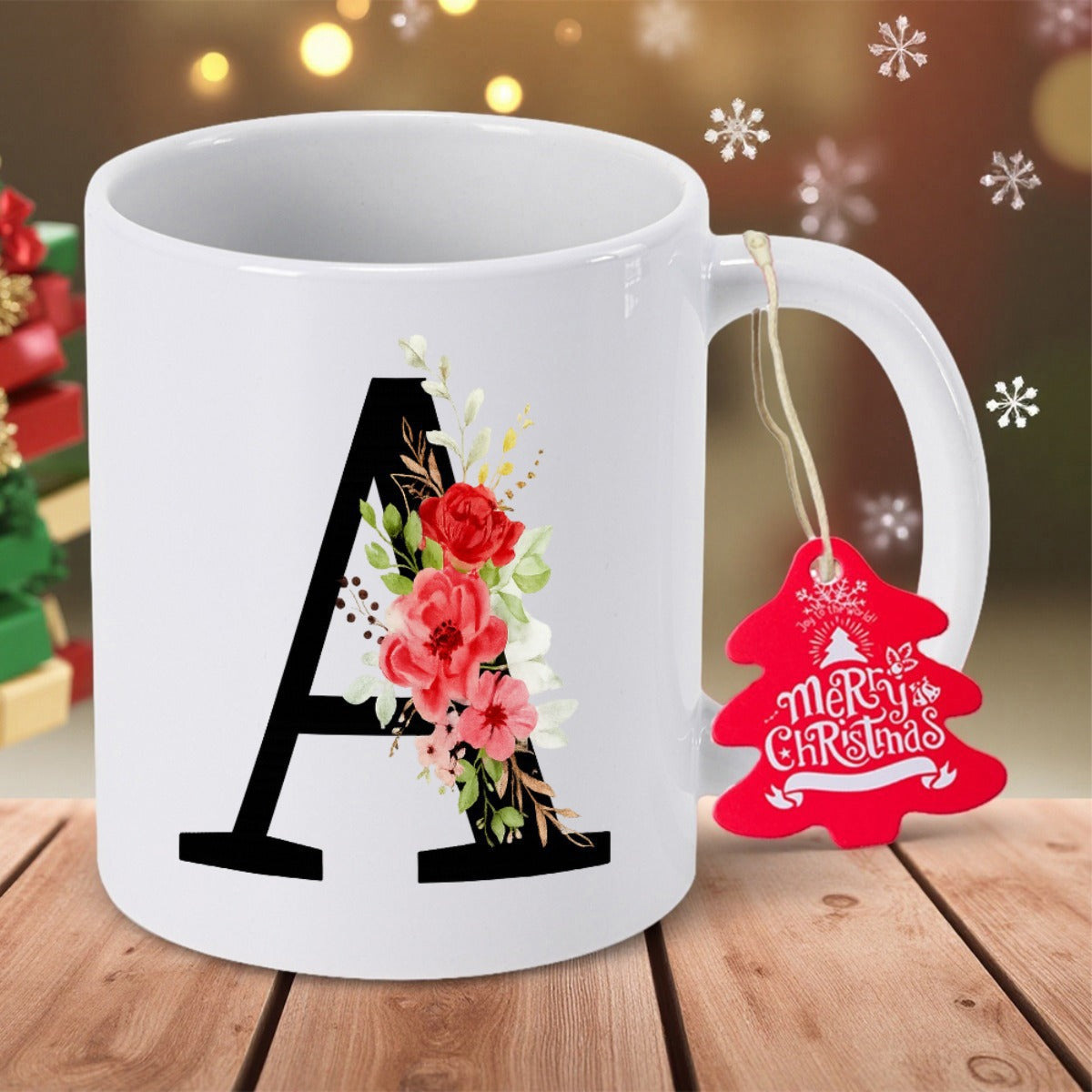 Tailorly White Ceramic 11 oz Mug - Merry Christmas A Elegant Letter Initial With Red Floral Rose Bouquet Blossoming Flourish Mug