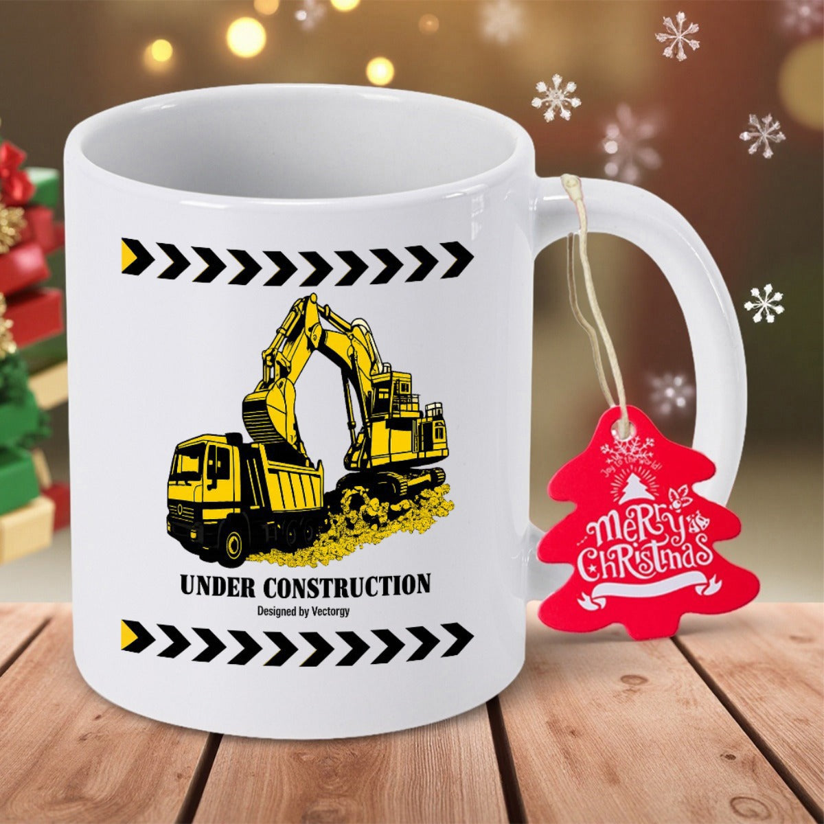 Tailorly White Ceramic 11 oz Mug - Under Construction Powerful Heavy Yellow Machinery Digging Soil On The Construction Ground Excavator